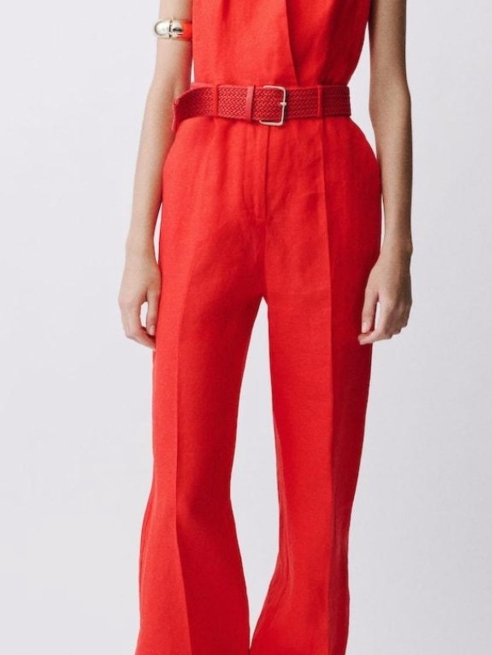 Mango Linen Red Wide-Leg Jumpsuit with Woven Belt Size Medium NEW
